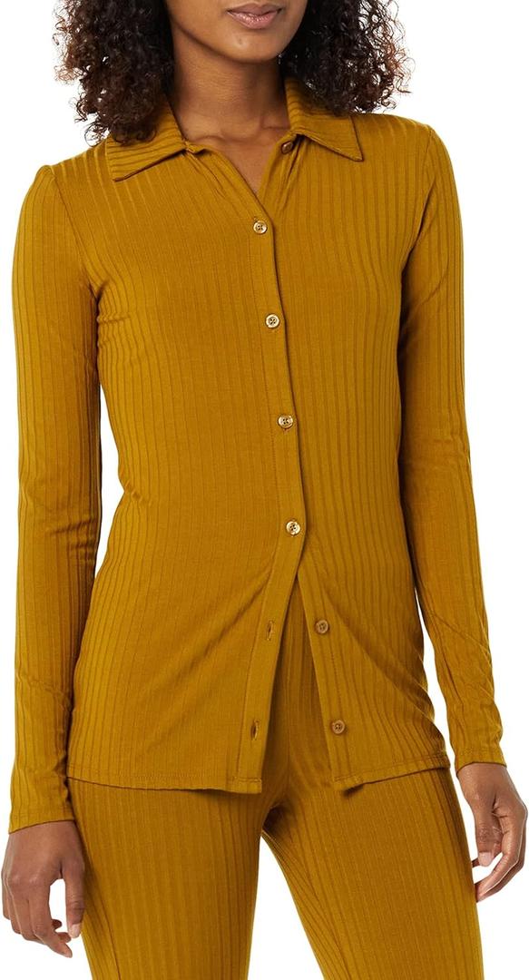 Amazon Essentials womens Wide Rib Long Sleeve Button-up Collared Cardigan (Pants Sold Separately) (XX-Large, Brown)