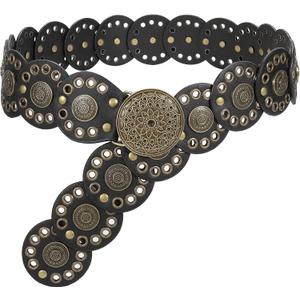 WHIPPY Western Belts for Women Vintage Disc Waist Belts Concho Leather Belts Boho Waist Belt for Dress Jeans (Fit Waist Size Below 43", Black(Bronze Buckle))