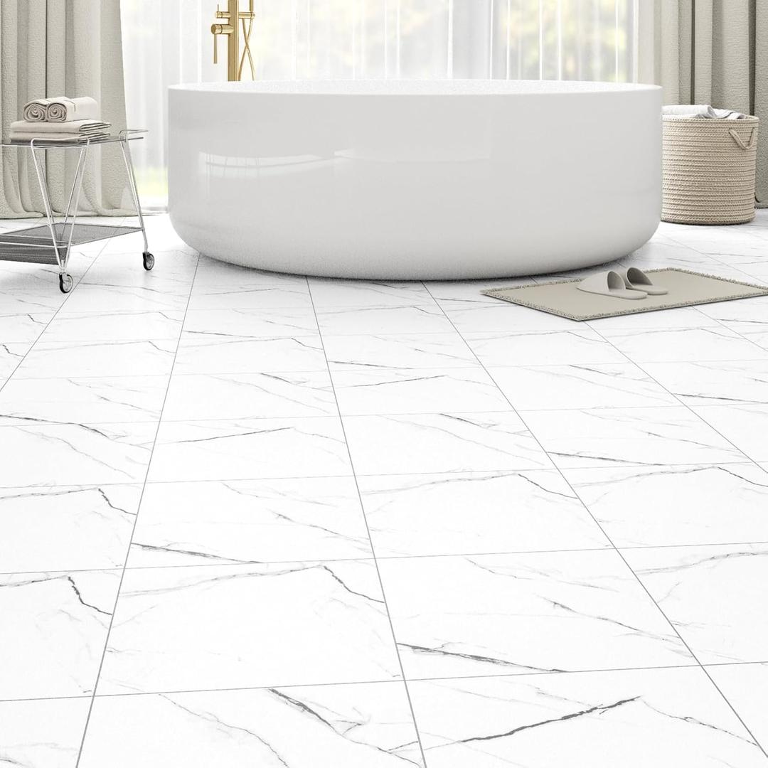 20-Pack Peel and Stick Floor Tiles Vinyl Floor 12 x 12 inch Self Adhesive Waterproof Flooring Planks DIY for Bathroom, Kitchen, Living Room, RV, Cover 20 Sq. Ft, White Vein Marble