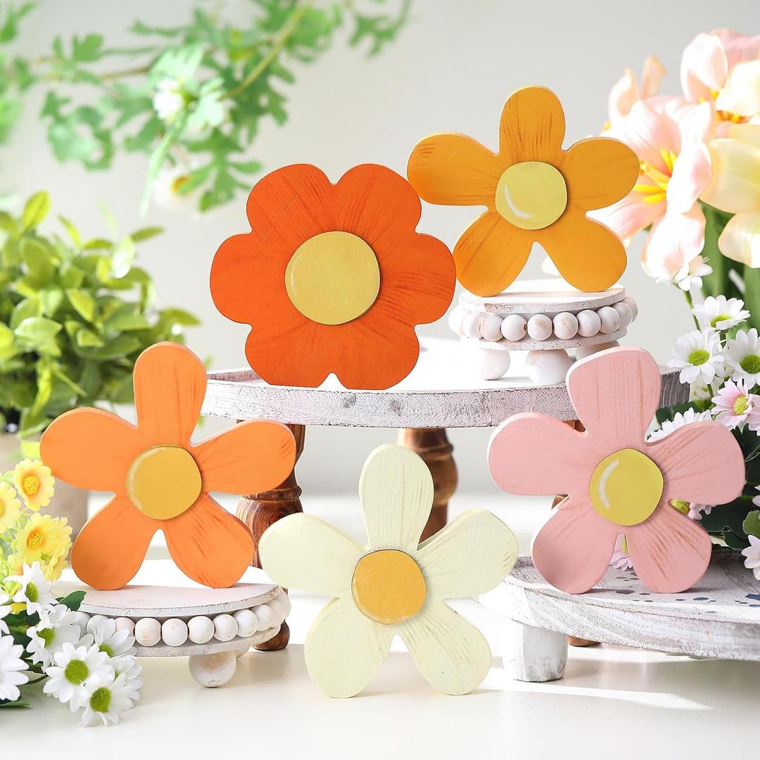 Threehoney Spring Wooden Flowers Table Decor Wood Daisy Tabletop Centerpieces Art Floral Tiered Tray Decor Rustic Farmhouse Floral Sign for Home Desk Shelf Office Decoration Mother's Day Gift(Orange)