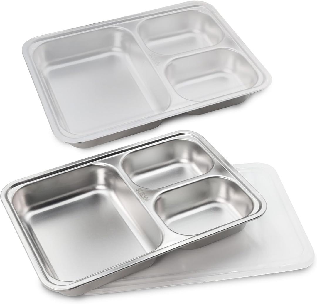 Stainless Steel Kids Plates (2 Packs), Portion Control Divided Metal Plate for Adults Toddlers Balance Lunch, Unbreakable Sectioned Plates with Dividers Bariatric Diabetic Diet BPA Free Reusable (10.3x7.1IN 2-Pack)