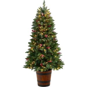 Nearly Natural 5ft. Frosted Colorado Aspen Pre-Lit Artificial Porch Christmas Tree with 200 LED Lights, 426 Bendable Branches and Berries in Decorative Planter