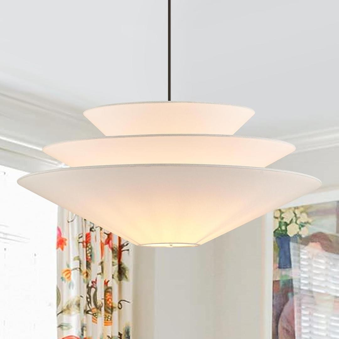 24 Large Off White Linen Fabric Pendant Light 3-Layer Modern Chandelier Adjustable Industrial Pendant Lighting Fixtures for Kitchen Island Dining Room Entryway, UL Listed