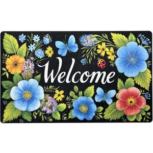 Welcome Mat 17x29 Inch Spring Summer Outdoors Indoors Front Door Mat, Low Profile Doormat for Outside Inside Home Entrance, Non Slip Rubber Back Floor Rugs for Entryway, Floral
