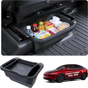 for Tesla Rear Trash Can Model Y Juniper Accessories 2025 2026 Center Console Organizer with Anti-Slip Lid Cover Model Y Floor Storage Box Garbage Bin Silicone Backseat Storage Box Black