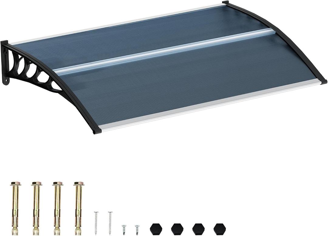 58.5x35 Inch Patio Window Awning Shade, Polycarbonate Door Entrance Canopy Cover Protection for Sunshine & Rain, Grey with Black Edge