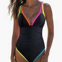 popvil Women's One Piece 2025 Tummy Control Swimsuits Neon Color Block Swimwear Deep V Neck Slimming Bathing Suit Large