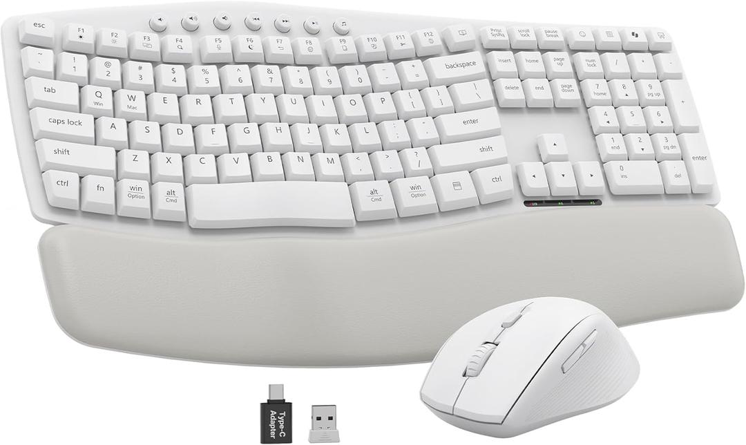 White Wireless Keyboard and Mouse Combo for MacBook & Windows, 30dB Quiet Ergonomic Keyboard Set with Wave Keys & Soft Palm Rest, Silent Typing, Dual-System Switch, Ideal for Home OfficeSablute