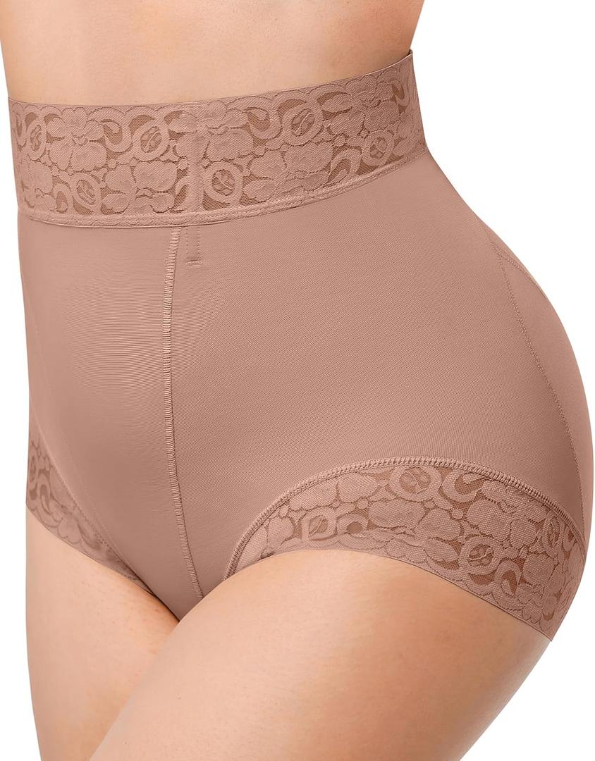 SHAPELLX Shapewear for Women Tummy Control Short Faja Body Shaper Compression Panties Mid Waisted Briefs Lace Underwear (Large, A5-mauve Brown)
