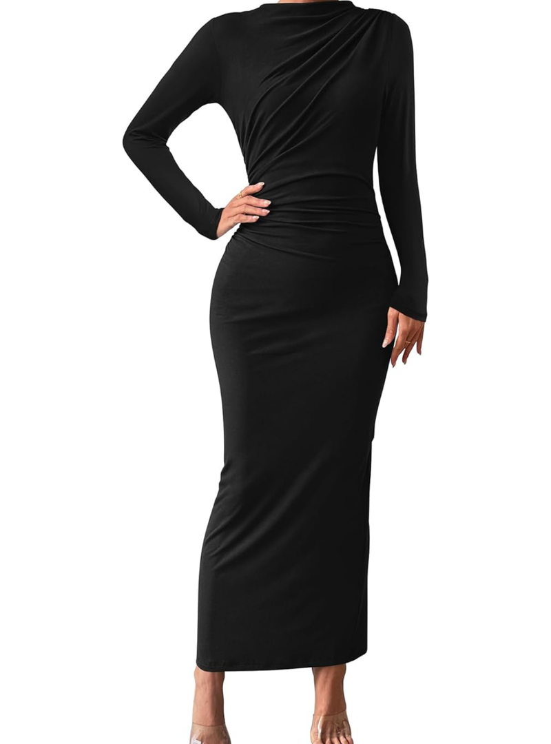BTFBM Women Bodycon Maxi Dress Long Sleeve Back Slit Ruched Elegant Party Cocktail Formal Spring Wedding Guest Dresses XL
