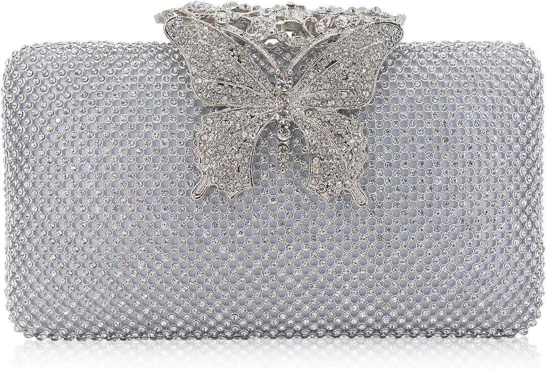 Dexmay Rhinestone Clutch Bag with Crystal Butterfly Clasp Women Evening Handbag Formal Party Purse (Silver)