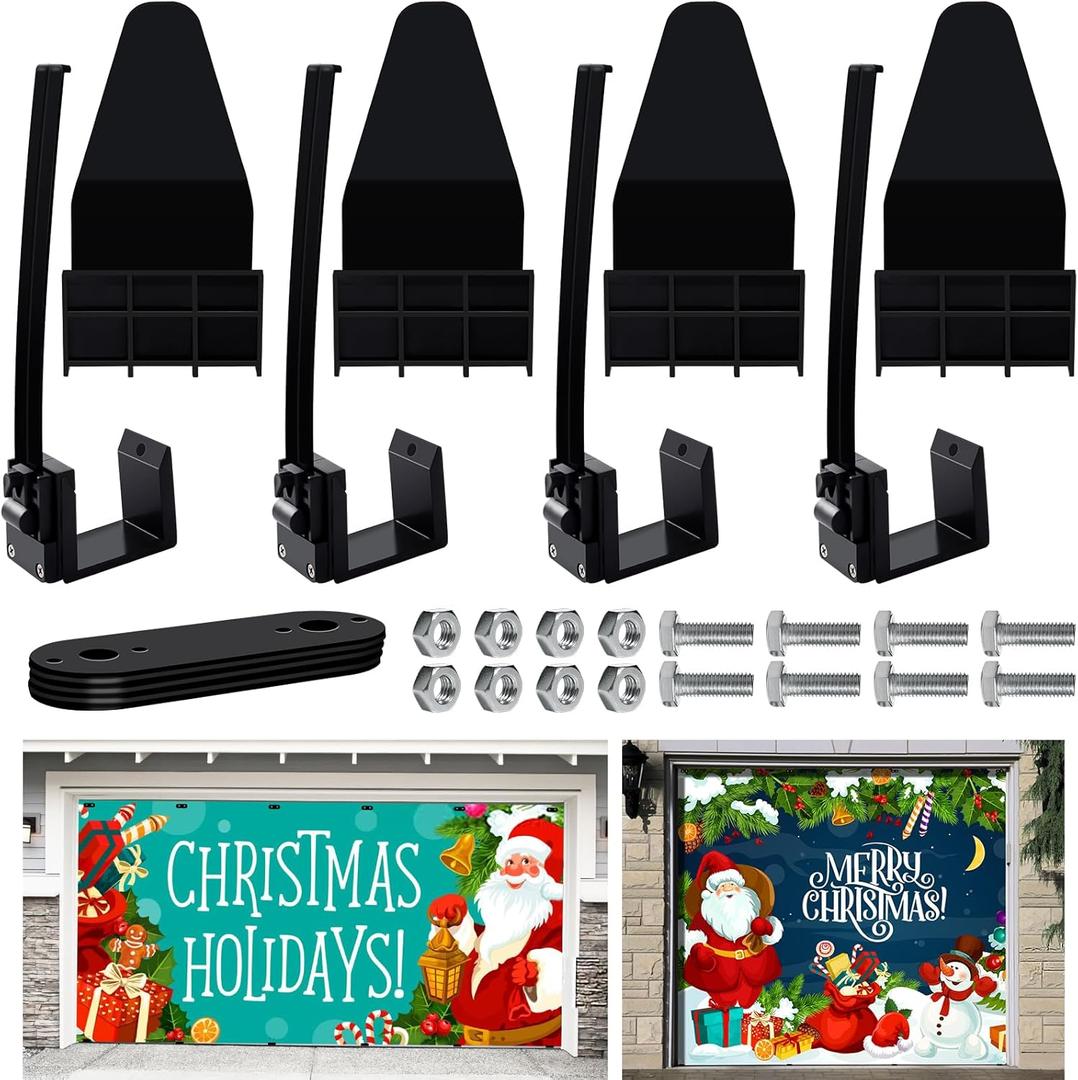 4 Pcs Garage Door Banner Clamps Christmas Garage Door Backdrop Installation Clips Large Banner Cover Hanging Hooks for Christmas Halloween Garage Door Decorations (4, Black)