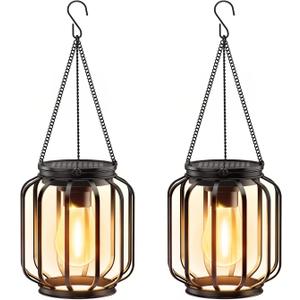 Solar Hanging Lanterns Outdoor: 2 Pack Metal Solar Hanging Lights with Hook, Bright - Warm Waterproof LED Lanterns for Outside, Classic Decorative Solar-Powered Light for Yard Garden Patio Porch Decor