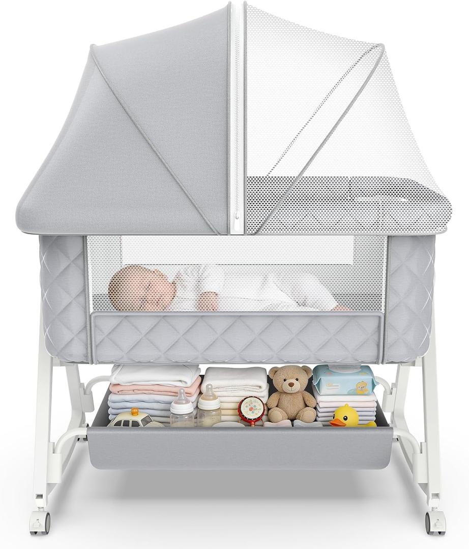 Baby Bassinet, 5 in 1 Bedside Bassinets for Baby, Bassinet Bedside Sleeper with Wheels, Mosquito Net, Adjustable Height, Easy Folding & Storage Basket, Single Extra Large