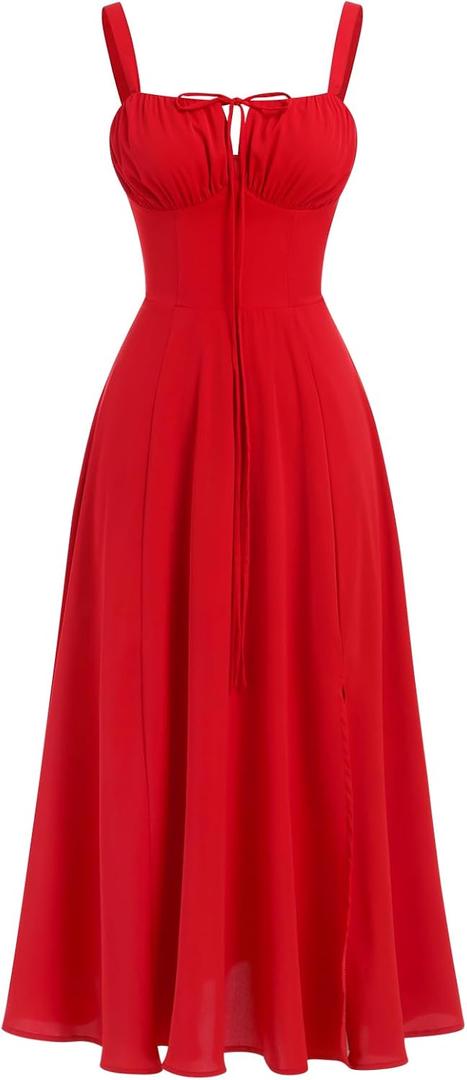 ABEHIK Women Floral Corset Dress Summer Dress 2026 Boho Flowy Slit Lace Up Midi Dresses Going Out A Line Casual Sundress (Red, M)