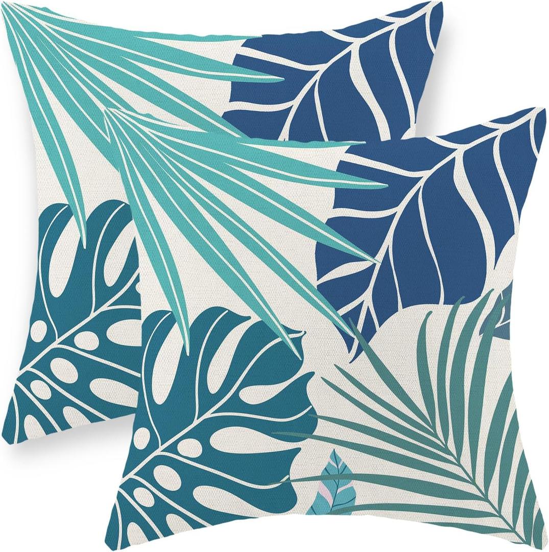 Tropical Pillow Covers 18x18 Set of 2 Navy Blue Aqua Teal Monstera Palm Leaf Pillowcase Summer Decorations Tropical Outdoor Throw Pillows Linen Decor Botanical Plant Cushion Case for Home Bed