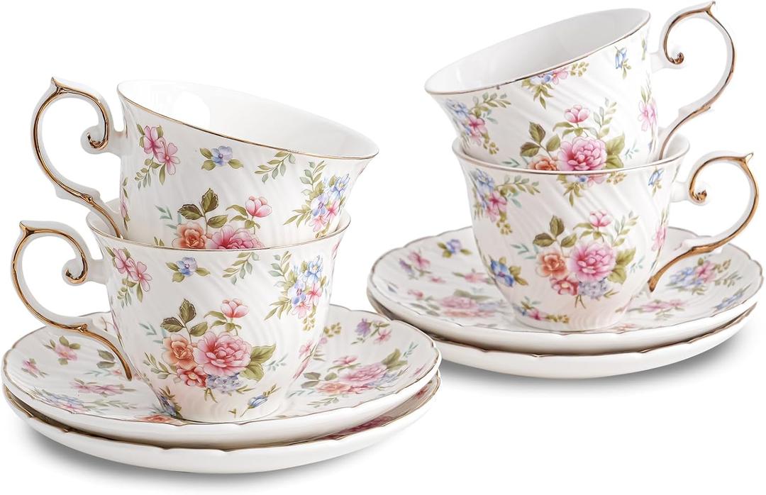 Agyiuns tea cups and saucers ceramic coffee mug 6oz for Coffee, Latte, Cafe Mocha and Tea-Set of 4, white with flowers
