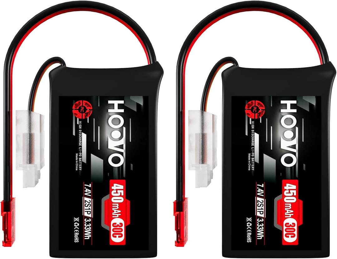 HOOVO 2S LiPo Battery 7.4V 450mAh 30C Battery Pack with JST Plug for RC Helicopter Quadcopter Small Airplane Micro FPV Racing Drone 2Pack
