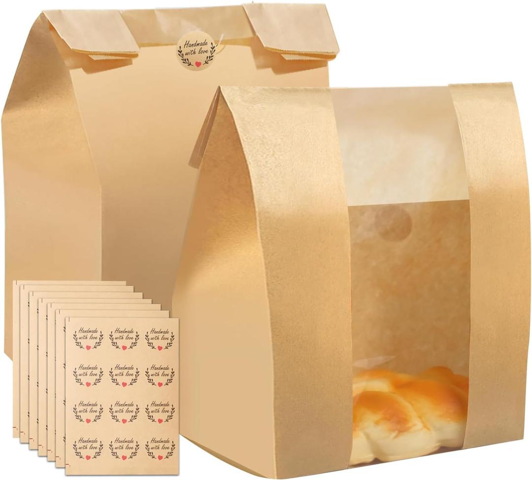 120 Pcs Paper Bread Bags with Clear Window for Homemade Breads 16 x 10 x 5 inch Paper Bakery Bags with 132 Stickers for Sourdough, Loaf, Cookie, Sandwich Packaging