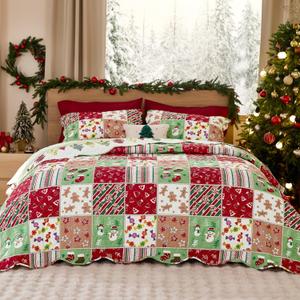 Bedsure Christmas Quilt King Size - Red Quilts for King Size Bed, Multicolor Patchwork Printed Pattern Christmas Bedding, Soft Lightweight Coverlet Bedspread (106"x96")