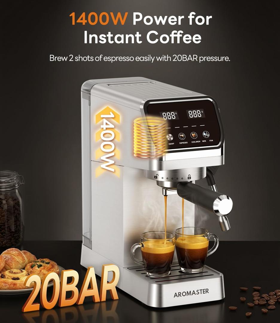 Compact Espresso Maker,Stainless Steel 1.1 Liters