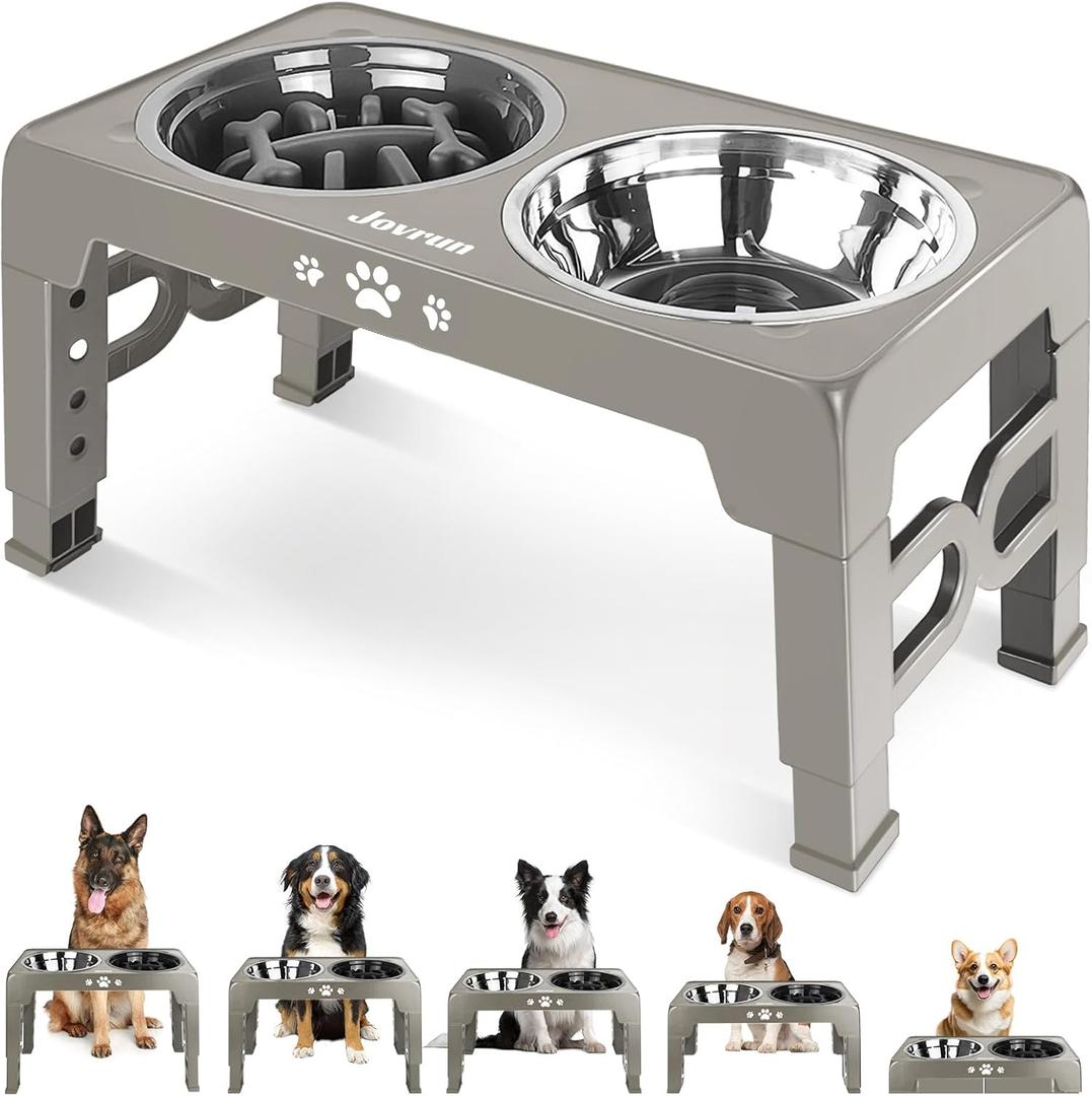 Jovrun Elevated Dog Bowls for Medium Large Size Dogs, Non-Slip Dog Feeder with 1*Stainless Steel Dishes & 1*Slow Feeder Bowl, 5 Heights Adjustable Raised Bowls to 3.15″-8.66″-9.84″-11.02″-12.2″