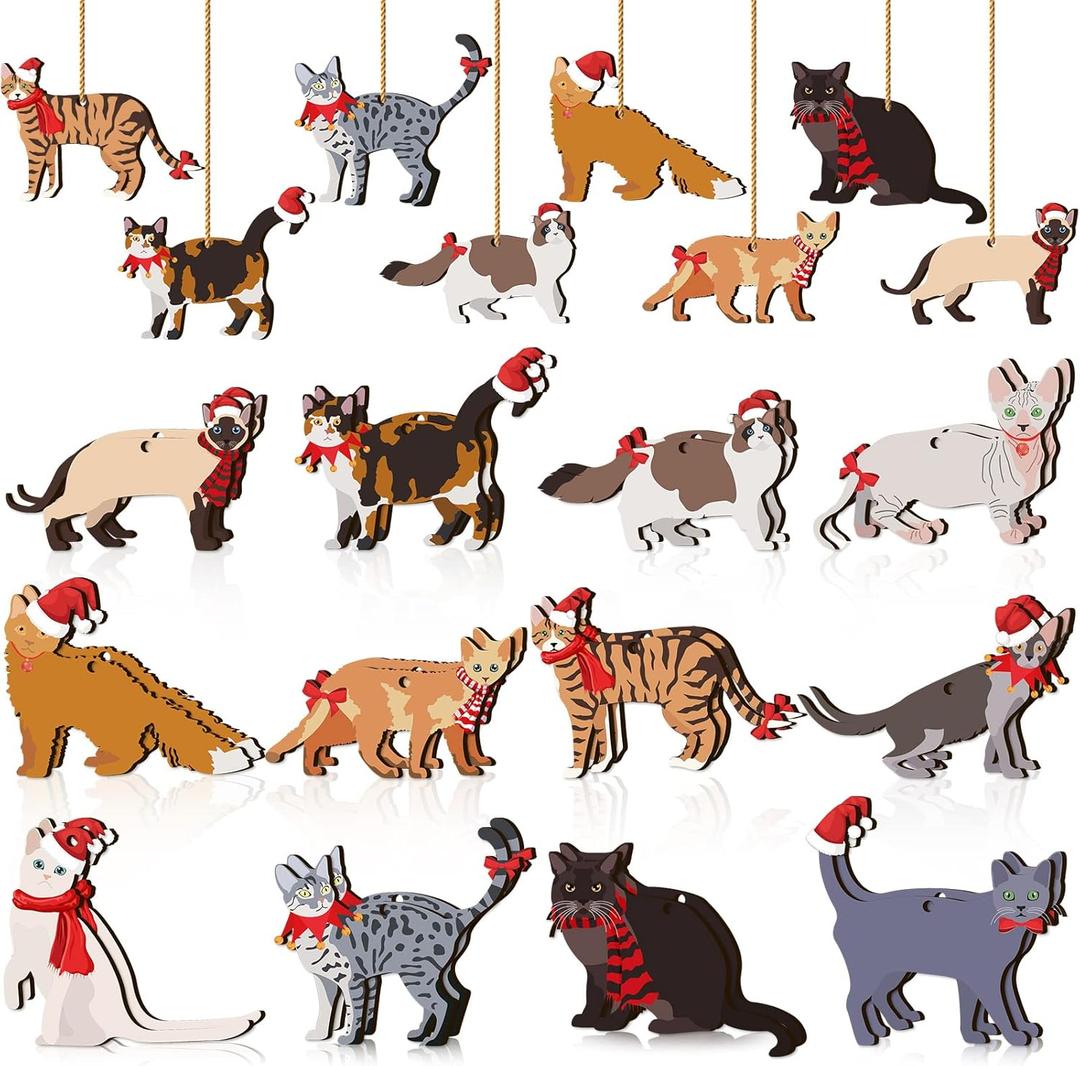 Yalikop 24 Pcs Christmas Wooden Ornaments for Tree Dinosaurs Hanging Ornaments Cute Xmas Holiday Dinosaur Wood Tree Decorations for Christmas Party Favors(Cat)