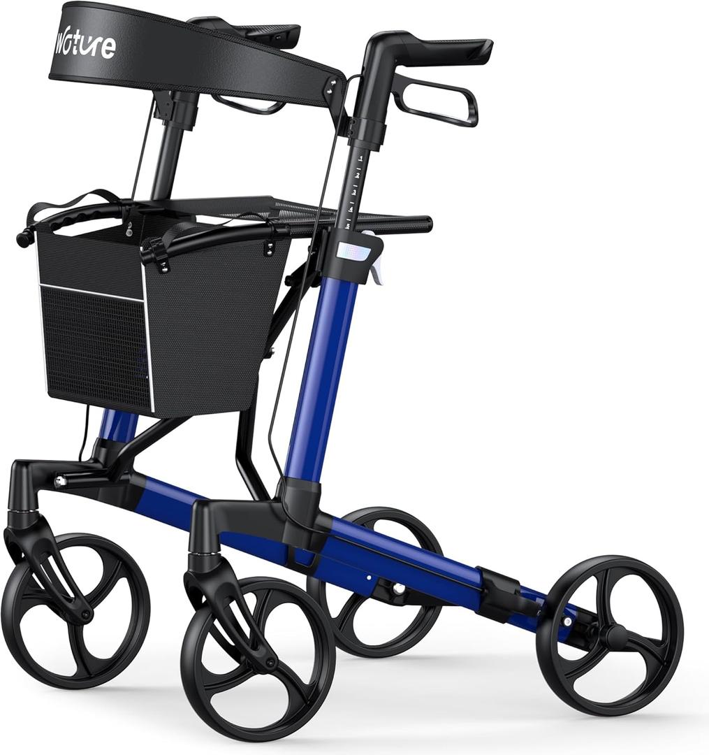 WOTURE Foldable Rollator Walker with Seat & Backrest  16 lb Ultra-Light Mobility Aid, 8" All-Terrain Wheels for Indoor/Outdoor Use, Adjustable Handles & Dual Brakes, Includes Storage Bag, Blue
