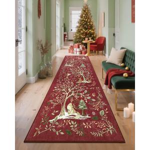GarveeHome Christmas Runner Rug 2x8 Washable Red Kitchen Rugs, Non Slip Entryway Carpet Hallway Runner Stain Resistant Soft Christmas Tree Forest Animal Print for Bathroom Bedroom Holiday Decor