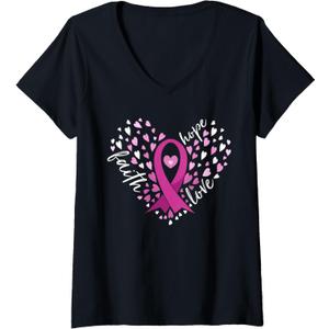 Womens Faith Hope Love Breast Cancer Awareness Pink Ribbon Warrior V-Neck T-Shirt, Black, Extra Large, Black 