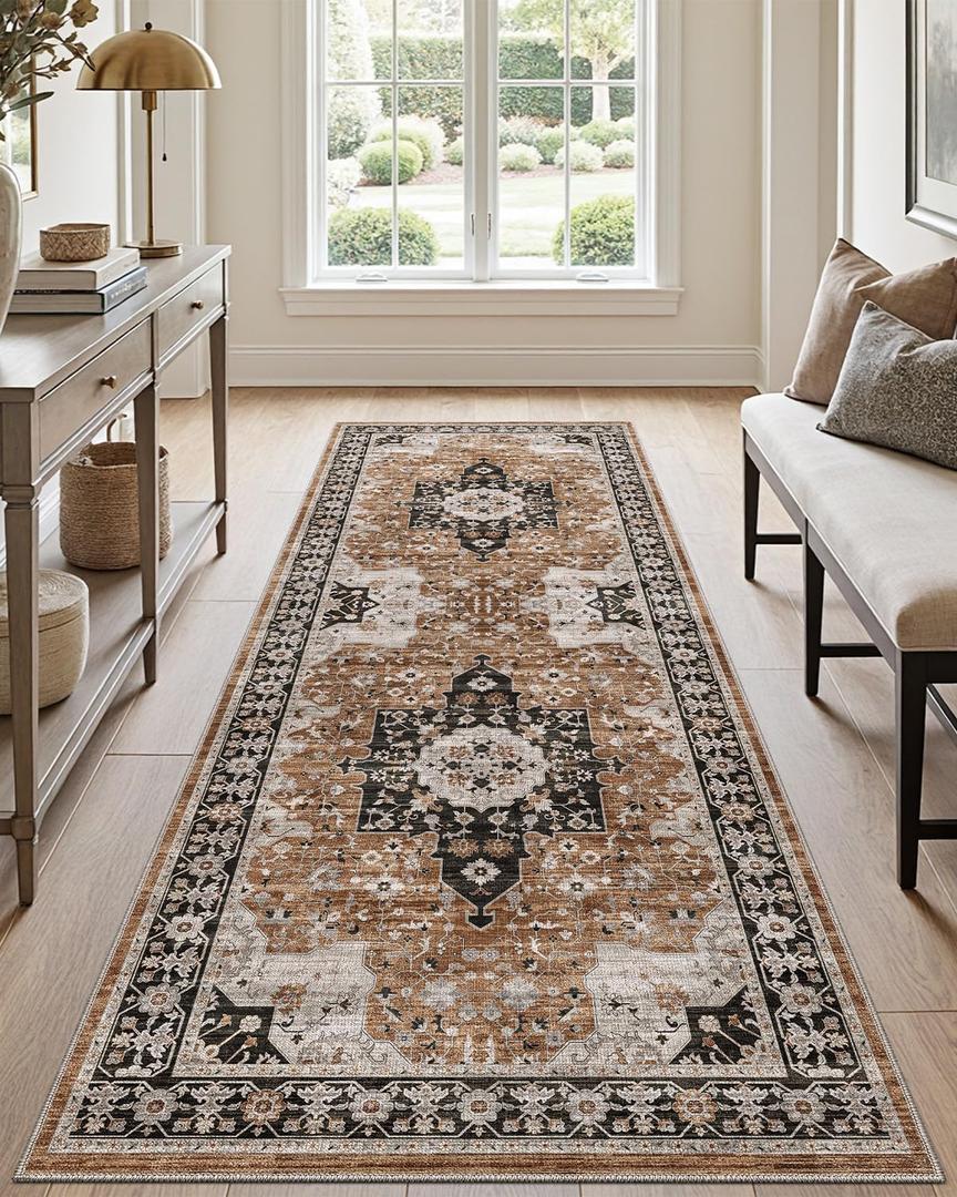 DEXI Hallway Washable Runner Rug 3x8, Vintage Farmhouse Thin Kitchen Runner with Non Slip Backing, Soft Entryway Floor Rug, Stain Resistant Distressed Carpet for Bedroom Living Room, Brown
