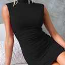OWIN Women's Sexy Summer Casual Mock Neck Dresses Sleeveless Ruched Bodycon Cocktail Party Mini Dress (Black, S)