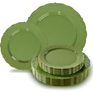 Tinybee 60PCS Green Plastic Plates - Heavy Duty Green Disposable Plates, Elegant Plastic Plates for Bridal Shower, Wedding and Party Including 30 Dinner Plates 10 '' & 30 Dessert Plates 7.5 ''