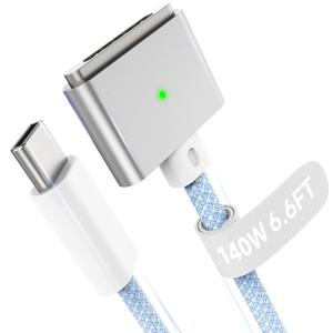 Hugener Magnetic 3 Cable USB-C 6.6FT Compatible with M5/M4/M3/M2 MacBook Charger, 140W Cable for MacBook Air(13"/15" 2026/2025/2024/2023/2022), Pro(16"/14" 2026/2025/2024/2023/2021), Light Blue