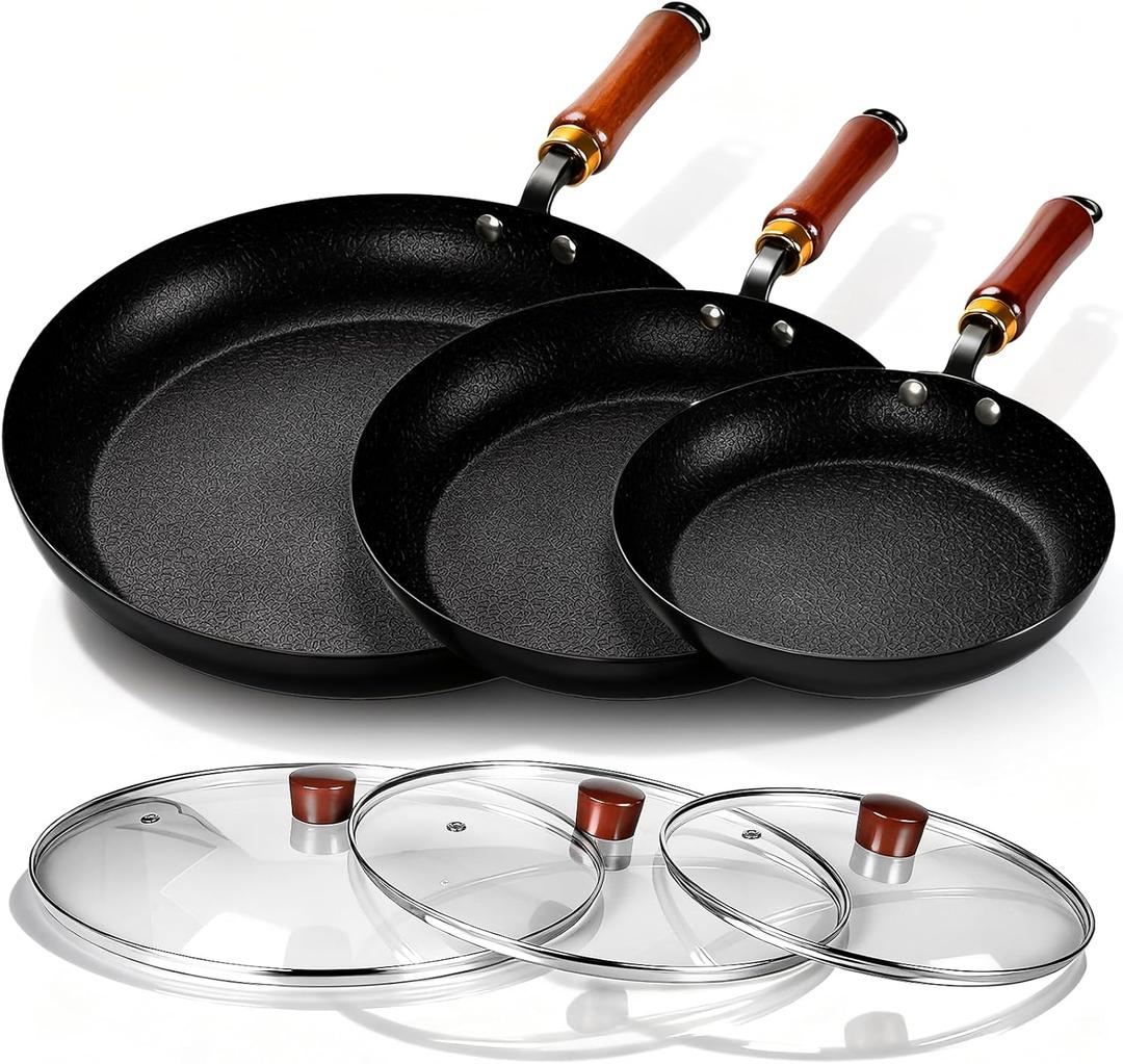 3 Pack Nonstick Frying Pan Set with Detachable Wooden Handles, Pre Seasoned Light-Duty Iron Skillets with Tempered Glass Lids, Easy Clean Cookware for Home Family Cooking (9.5,11,12.5 inch)