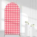 Watermelon Red Gingham Arch Backdrop Covers, 6 Ft Pink Stretchy Arch Backdrop Stand Covers, Photography Background White Plaid Arch Stand Cover (1)