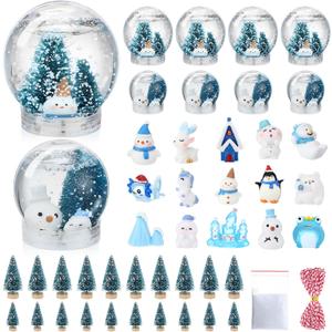 Youyole 47 Pack DIY Snow Globe Kit Includes 10 Clear Plastic Globes 20 Mini Pine with Base 15 Miniature Snowman with Fake Artificial Snow and Rope for Christmas Winter (Blue, Chic)