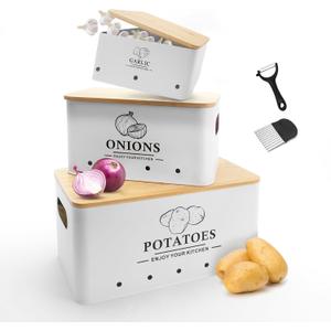 Kitchen Vegetable Storage Set of 3, Metal Onion Garlic Potato Storage Set, Kitchen Canisters Vegetable Keeper Containers with Aerating Holes and Wooden Lid (White)