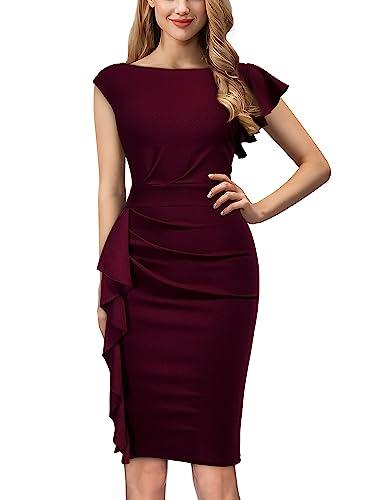AISIZE Women's Pinup Vintage Ruffle Sleeves Cocktail Party Pencil Dress (XX-Large, Burgundy)