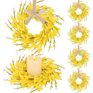6 PCS 9'' Mini Spring Forsythia Wreath for Front Door Small Artificial Forsythia Farmhouse Kitchen Cabinet Wreaths with Burlap Ribbon Hanging Spring Summer Floral Wreaths for Porch Wall Window Decor