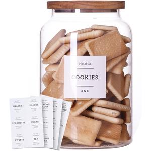 1 Gallon Large Glass Cookie jar with Airtight Acacia lids - Thicken Big Food Storage Containers with 42 Kitchen Waterproof Pantry Labels Preprinted - Clear Glass Canister for Flour, Rice, Coffee