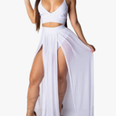 Women Sexy 2 Piece Outfits Dress Chiffon Strap Deep V Neck Bra Crop Top High Split Maxi Dresses Skirt Set, Medium