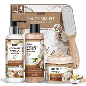 Coconut & Vanilla Foot Soak Set - Salts, Foot File, Scrub & Urea Cream Pedicure Supplies for Dry, Cracked Feet - Foot Spa Pedicure Kit for Women Men