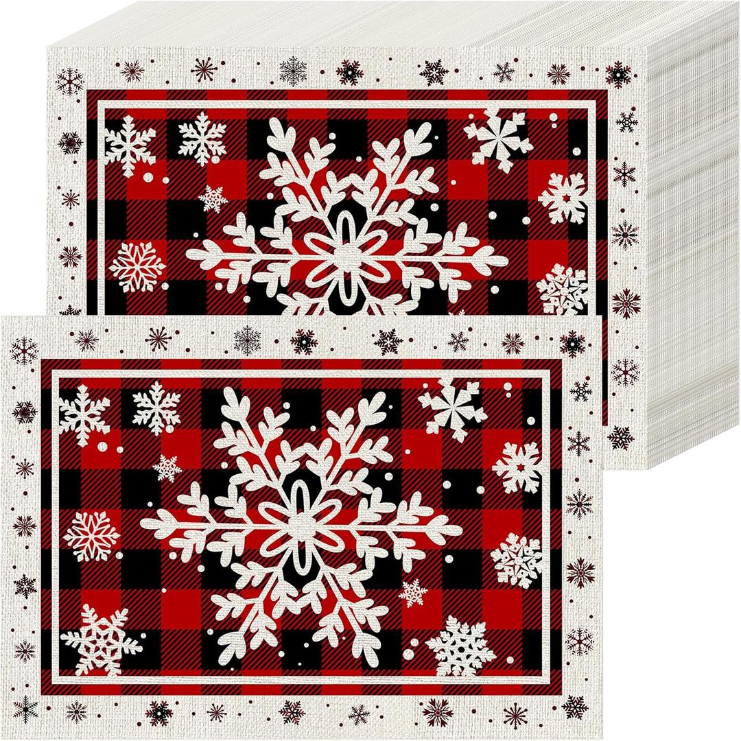 50Pcs Christmas Plaid Snowflake Paper Placemats, Disposable Xmas Table Mats for Holiday Party Dining Table Decoration