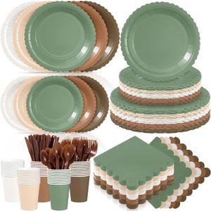 Zhehao 350 Pcs Woodland Party Supplies Set Green and Brown Disposable Tableware Kit with Plates, Cups, Napkins, Cutlery in Natural Earth Tones for Baby Shower, Birthday, Wedding Forest Events