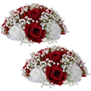 BLOSMON Fake Flowers Ball Wedding Centerpieces 2 Pcs Crimson Rose Babys Breath Artificial Flowers Center Pieces Decoration for Table Silk Kissing Floral Bouquet Arrangements for Home Party DIY Decor