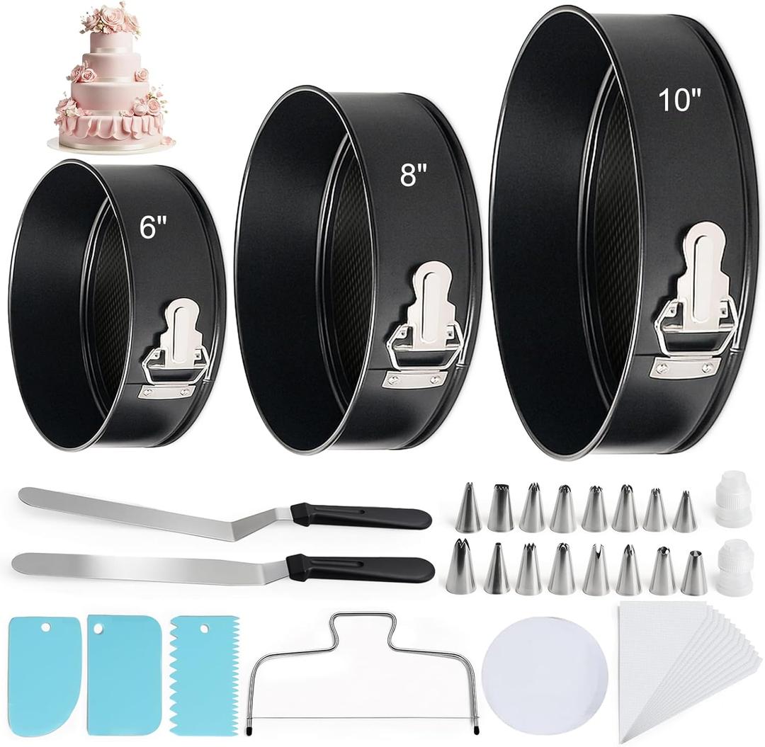 WERTIOO 138pcs Springform Cake Pan Sets for Baking with Cake Decorating Kit, 3 Round Non-Stick Springform Pan Set (6, 8, 10 inches), Leak-Proof Cheesecake Pan with Icing Tips, Cake Leveler & eBook