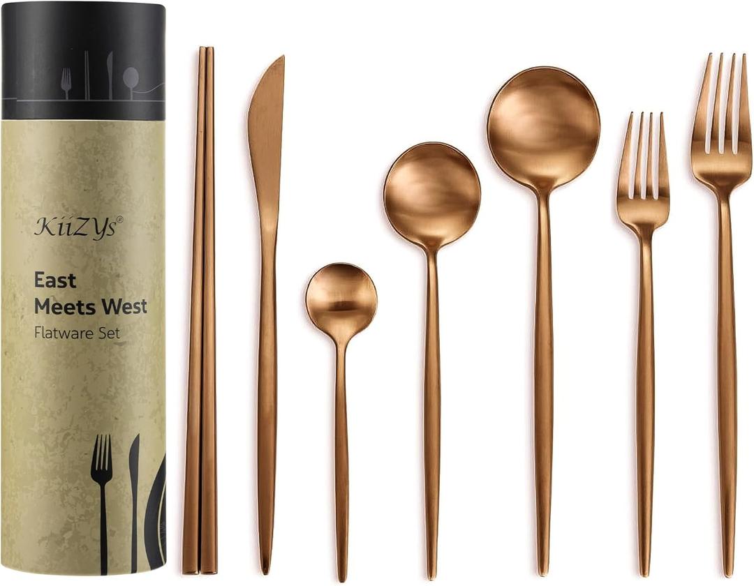 Copper Silverware Set Reusable Chopsticks - KiiZYs 14-piece Stainless Steel Utensils Set Kitchen Accessories - Modern Flatware Spoon Fork Knife - Cutlery Set Wedding Gift Box (Matte Copper, 2 Sets)