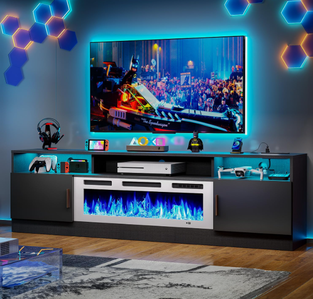 MXV 70\" Fireplace TV Stand with Power Outlet for TVs UP to 80\", Electric Fireplace Entertainment Center with LED Lights & Storage Cabinets, TV Console for Living Room, Office, Black-White