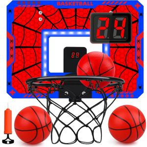 Basketball Hoop Indoor, Mini Basketball Hoop LED with 3 Balls and Scoreboard, Over The Door Basketball Hoop, Basketball Kids Toys Gifts for 3 4 5 6 7 8 9 10 11 12 Year Boys (Red)